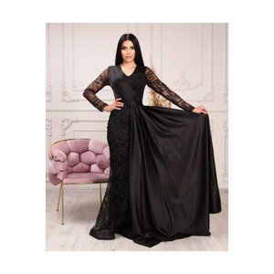Matik Evening Dress Satin Glittery Flock Printed V-neck Long Side Cape 84250